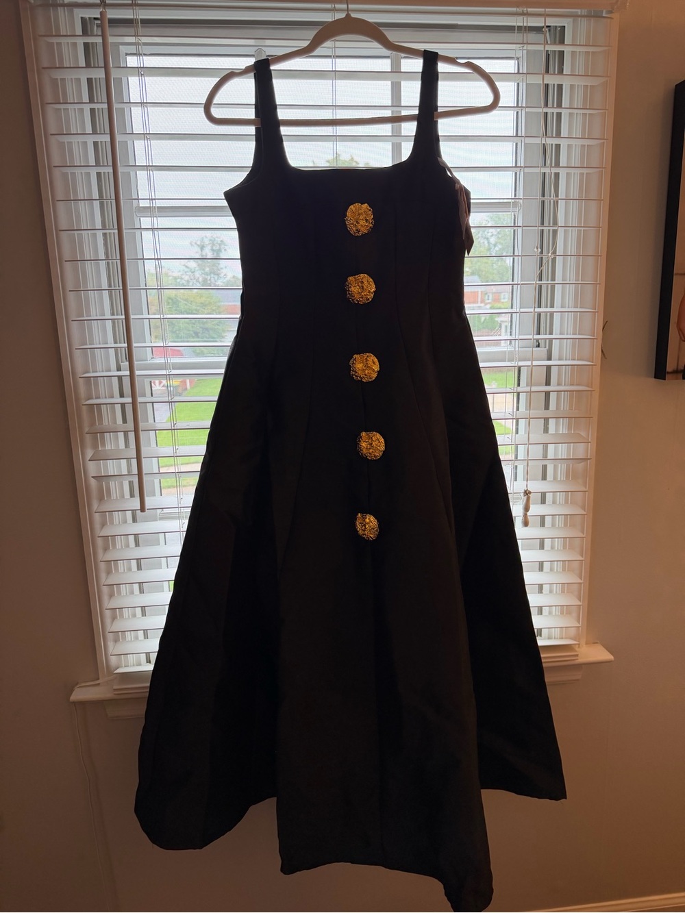 Black womeb’s Fit-and-Flare Dress with Gold Buttons - buttons are removable.